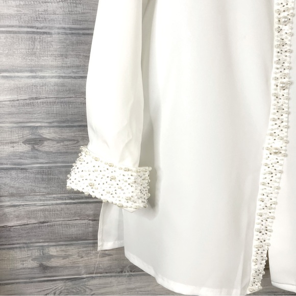 Vintage White Pearl Embellished Collar Sheer Long Sleeve Button Up Size Medium - Picture 7 of 16